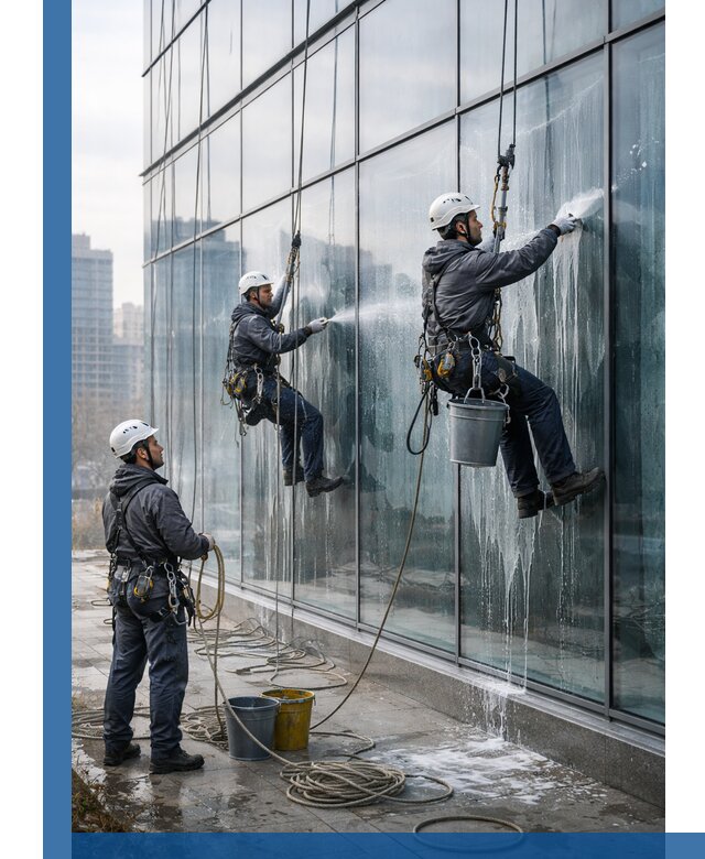 Промышленная мойка панорамных окон на высоте в Таре