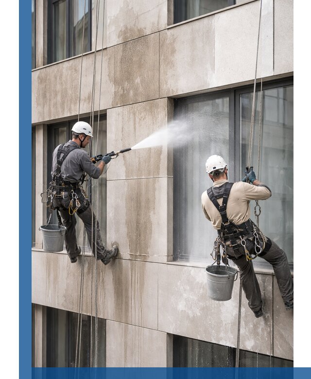 Послестроительная мойка фасада промышленным альпинизмом в Таре