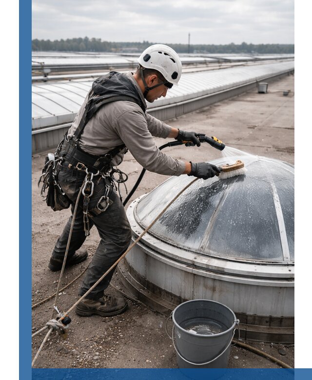 Мойка зенитных фонарей на кровле для промышленных объектов в Таре