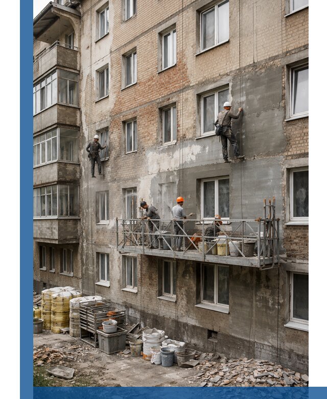 Капитальный ремонт фасада в Таре с восстановлением и гидроизоляцией