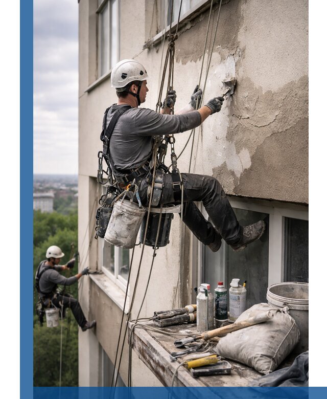 Косметический ремонт фасада зданий в Таре промышленными альпинистами