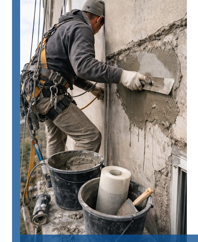 Ремонт бетонных элементов фасада промышленными альпинистами в Таре