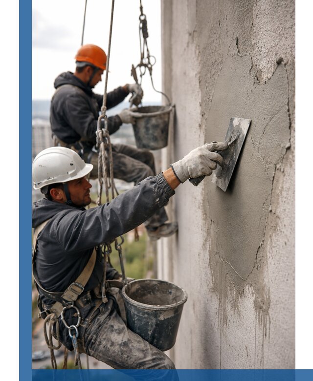 Штукатурка фасада на высоте в Таре профессиональные работы