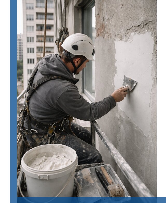 Шпаклевка фасадов на высоте с промальпинистами в Таре