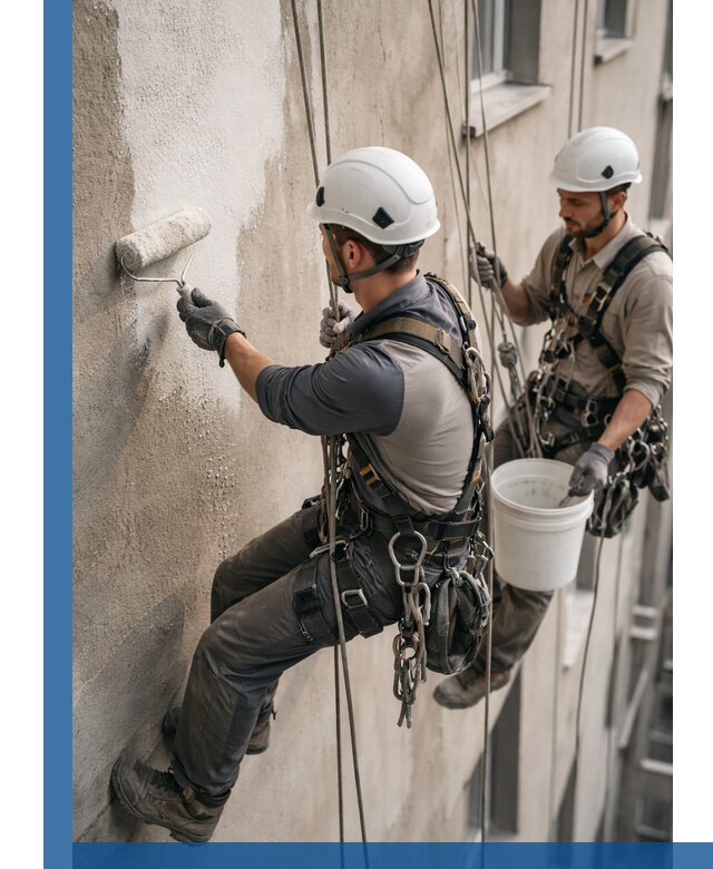 Грунтовка фасада на высоте в Таре промышленными альпинистами