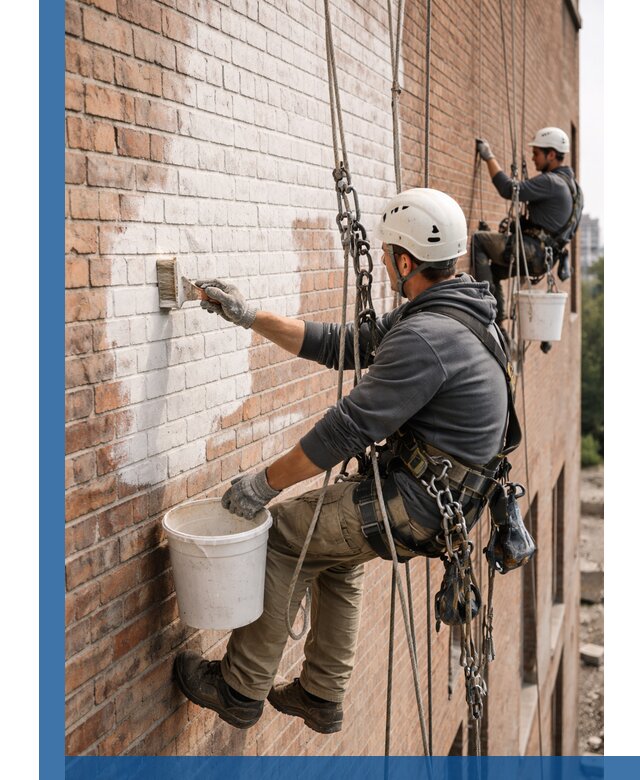 Покраска кирпичного фасада с доступным альпинистским сервисом в Таре