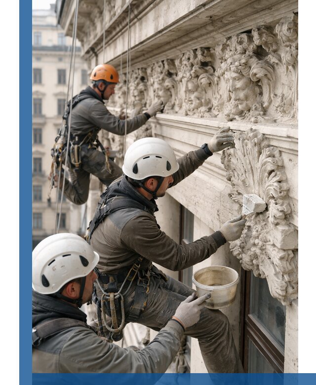 Реставрация фасадной лепнины с высотными работами в Таре