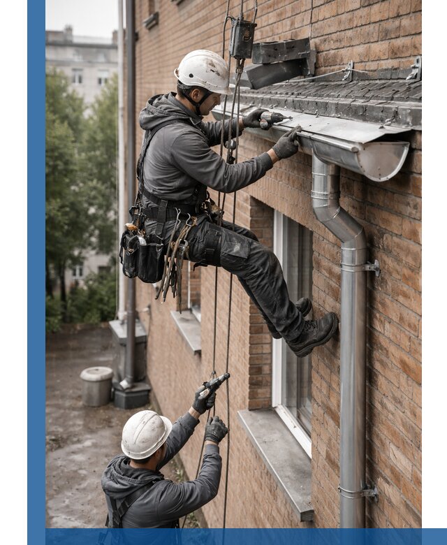 Монтаж водосточной системы на здании в Таре под ключ