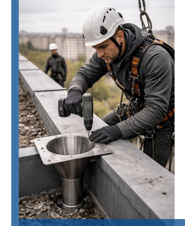 Монтаж водосточных воронок в Таре для промышленных зданий