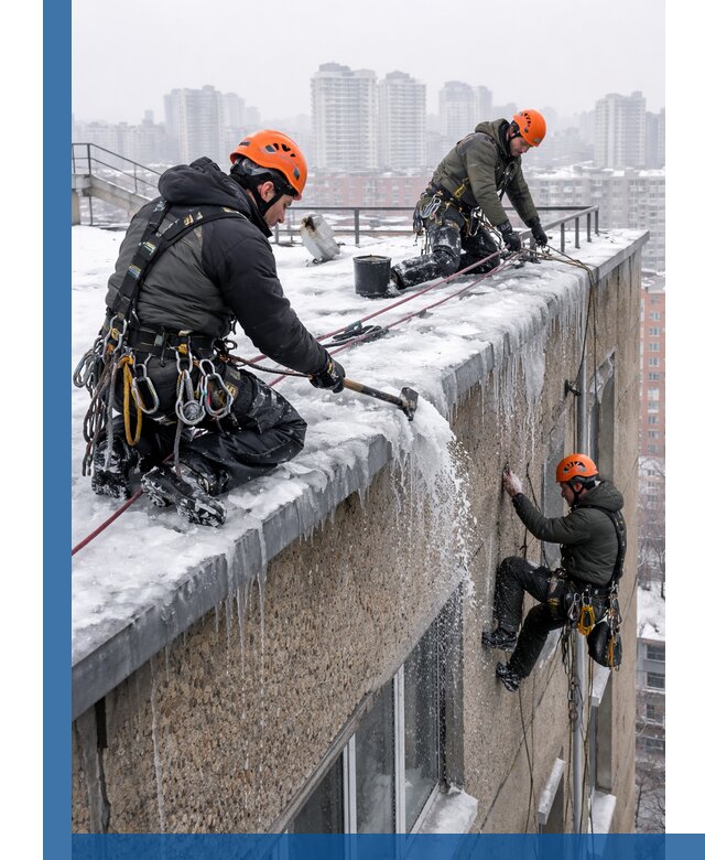 Удаление наледи с кровли в Таре промышленными альпинистами