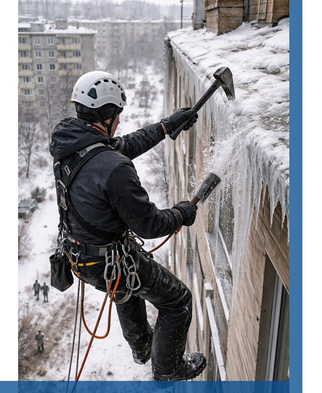 Сбивание сосулек с крыши в Таре по цене от 4630 р. | ВЫСОТНИК-Тар