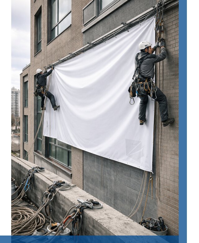 Монтаж баннеров на фасаде в Таре от 669 р. заказать ВЫСОТНИК-Тар