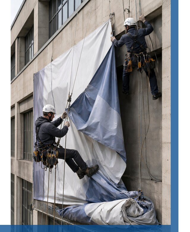 Демонтаж баннеров с фасада в Таре от 4630 р. | ВЫСОТНИК-Тар