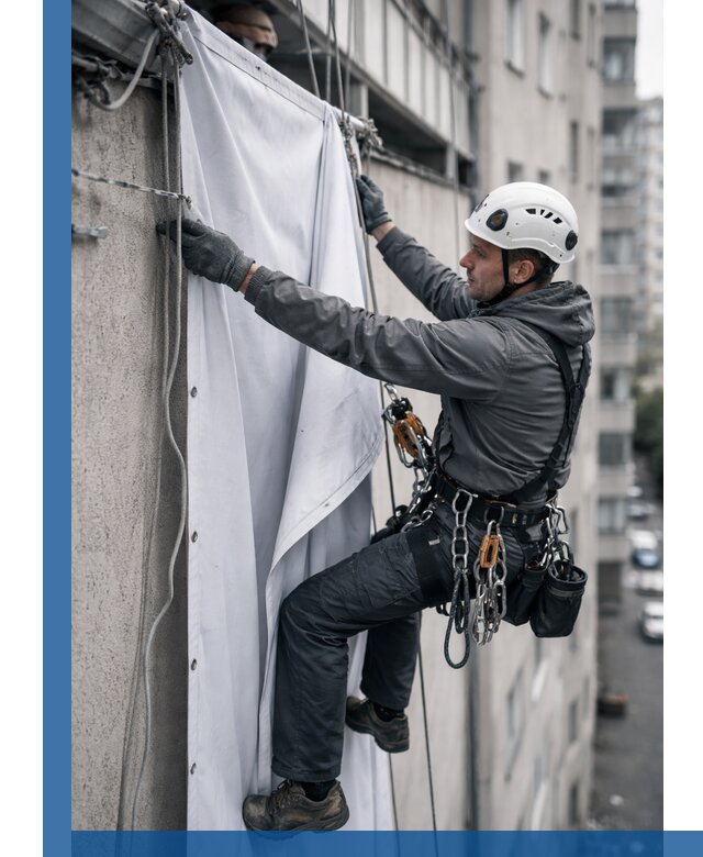 Замена баннерного полотна промышленными альпинистами в Таре