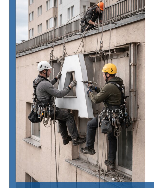 Ремонт и восстановление наружных вывесок на высоте в Таре