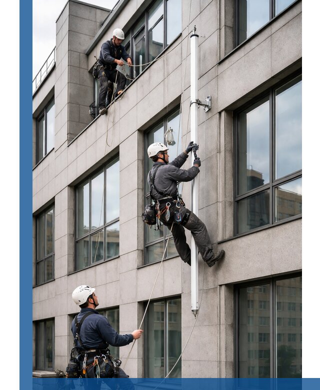 Монтаж флагштока на фасаде здания с креплением и герметикой в Таре