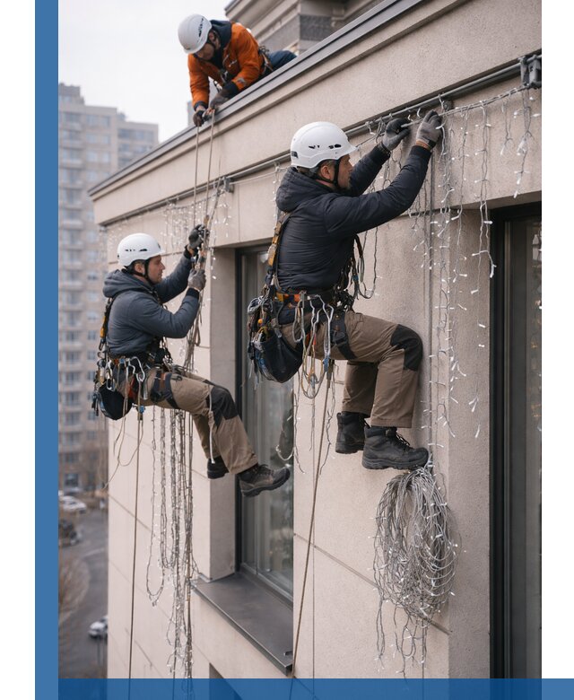 Монтаж праздничных гирлянд на фасаде в Таре для зданий