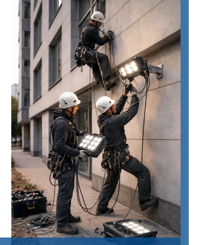 Монтаж прожекторов на фасаде в Таре от 7716 р. | ВЫСОТНИК-Тар