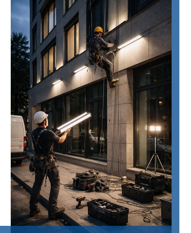 Монтаж архитектурной подсветки здания в Таре от 2572 р.|ВЫСОТНИК-Тар