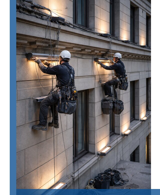 Монтаж архитектурной подсветки фасадов зданий в Таре