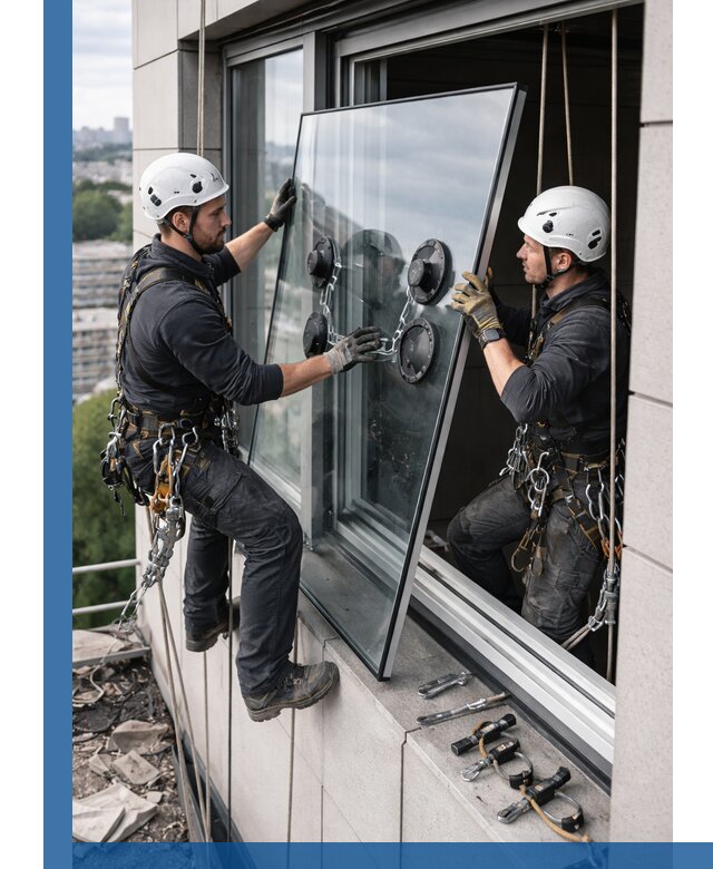 Замена стеклопакетов на высоте с промышленными альпинистами в Таре