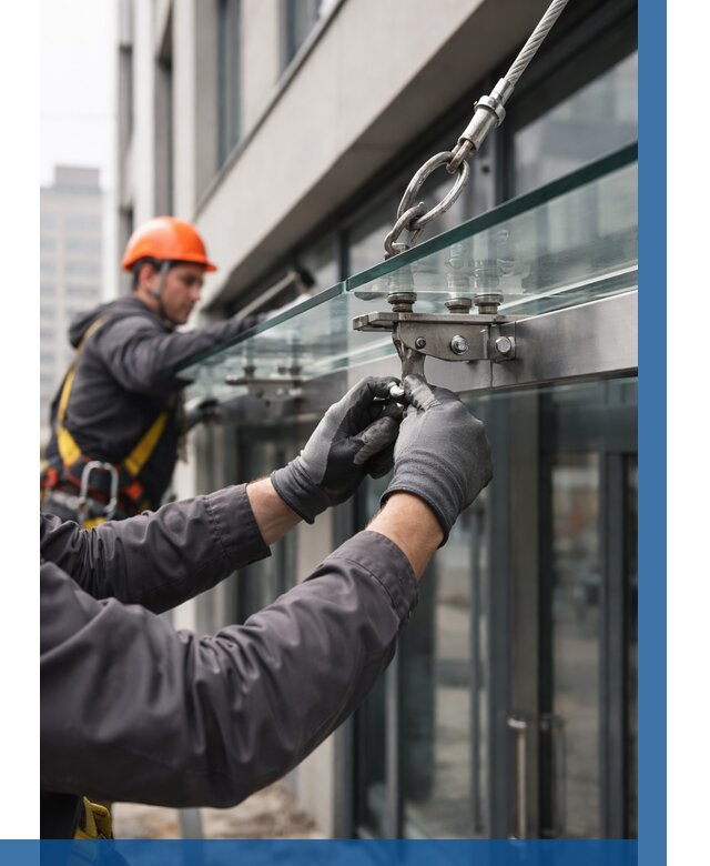 Монтаж стеклянных козырьков в Таре от 8745 р. | ВЫСОТНИК-Тар