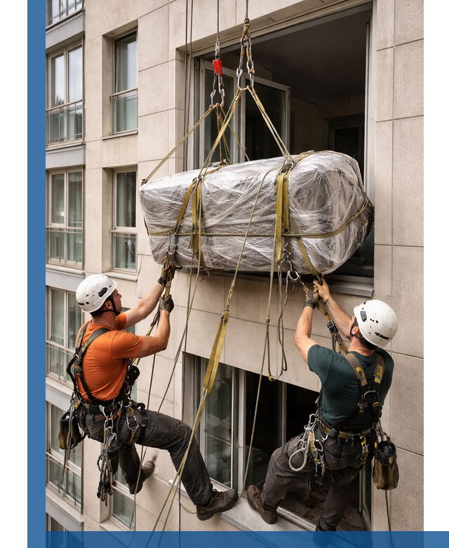 Подъем грузов через окно в Таре промышленными альпинистами