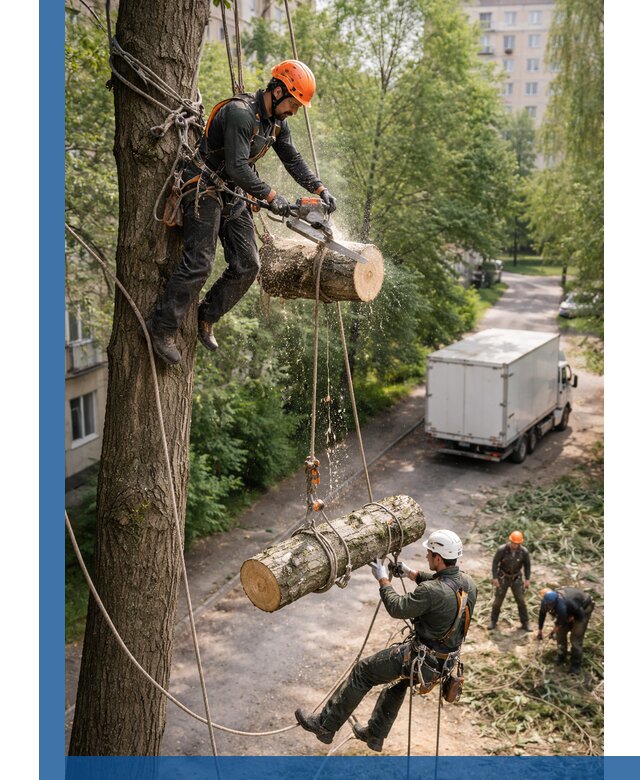Спил деревьев альпинистами в Таре, безопасно и без повреждений