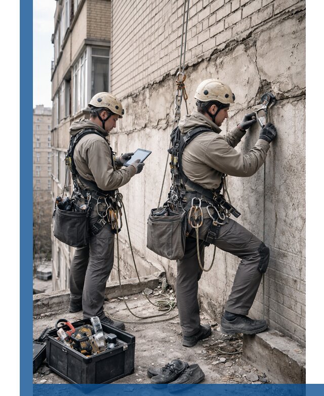 Обследование фасада промышленными альпинистами в Таре